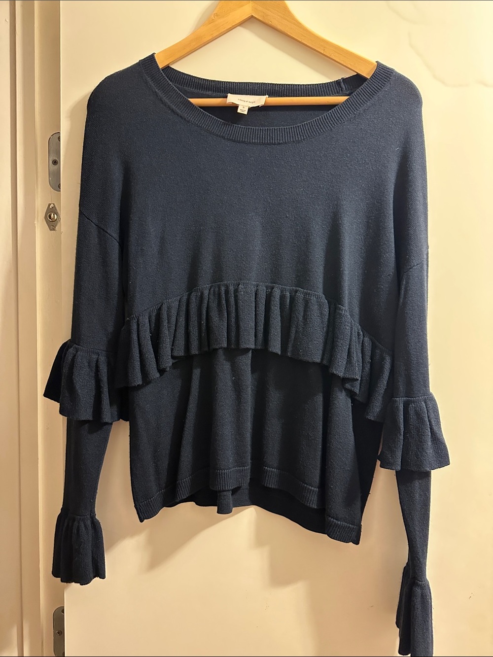 cinq a sept Navy Ruffle-Trim Crewneck Sweater